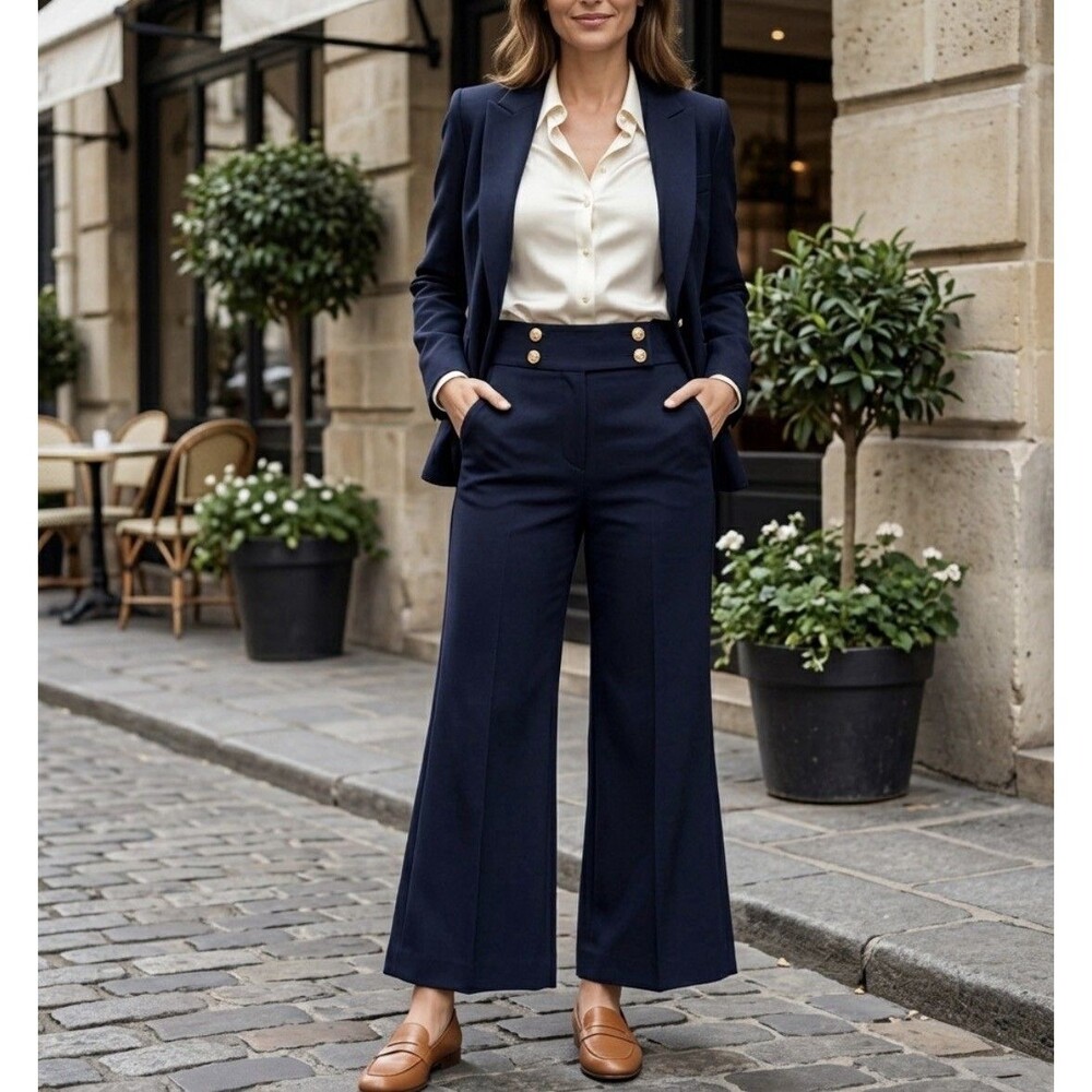 Calvin Klein Wide Leg Pants Double Button Waist Navy Size 8 Business Office